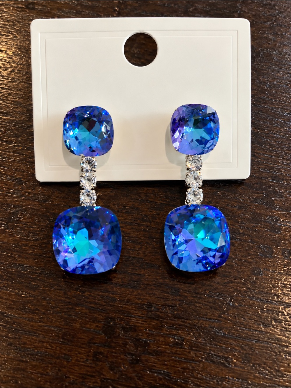 Blue Iridescent Crystal Cushion Drop Earrings – Sparkly Statement Dangles 1.5”